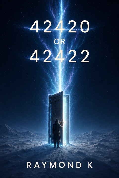 42420 OR 42422 — book cover. A wooden door standing alone in a snowfield, opening into vertical lightning that streams up into a starry night sky, a hooded figure with hand on the doorknob.